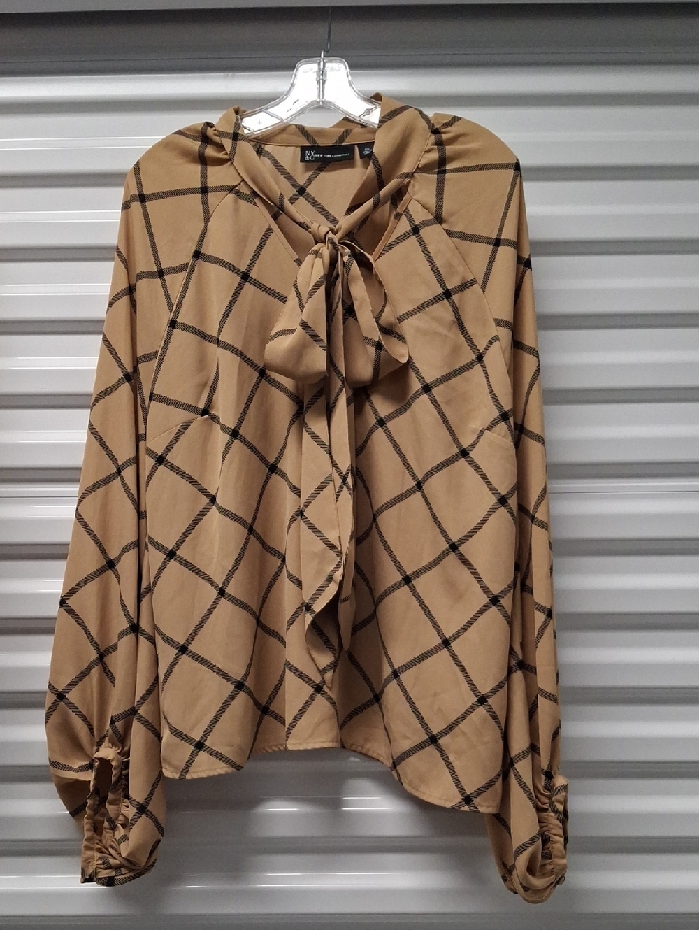 New York & Company Camel Windowpane Tie-Neck Blouse